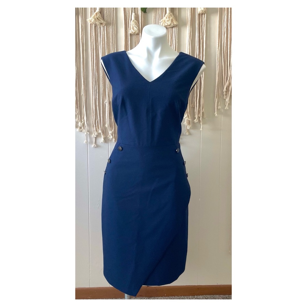 Antonio Melani Navy Blue Stretch V-Neck Knee Length Faux Wrap Sheath Dress